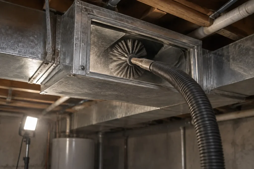 Illustration: an open sheet metal duct with a rotary brush and vacuum hose fed through an access panel.