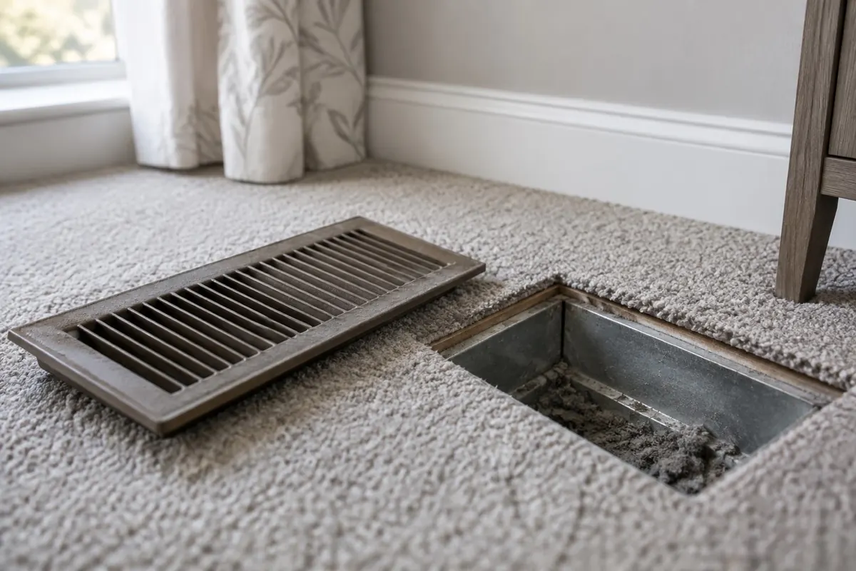 Illustration: a floor register lifted out beside its opening, showing dust and debris in the duct boot.