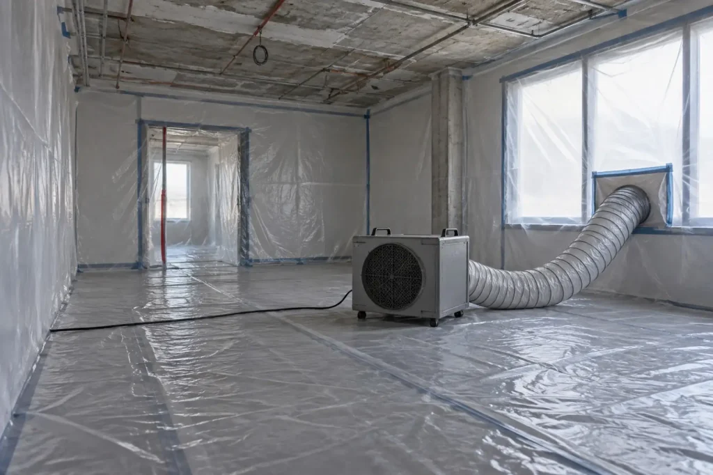 Illustration: a room lined in plastic sheeting with a HEPA negative air machine ducted to a sealed window