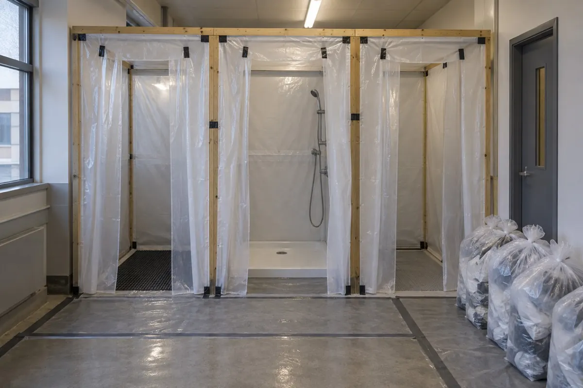 Illustration: a plastic-sheeted three-chamber decontamination unit in a corridor