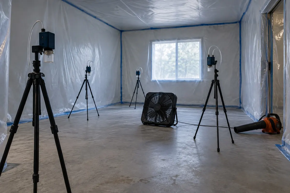 Illustration: air sampling pumps on tripods set up for clearance testing in an empty sealed room