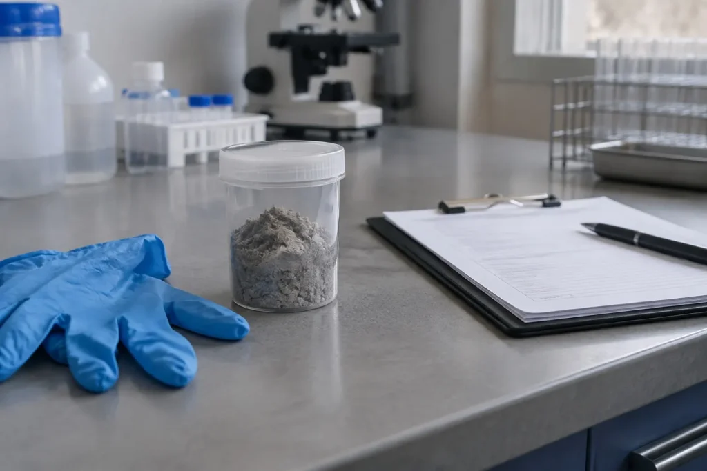 Illustration: a sealed sample container, clipboard and gloves on a laboratory bench.