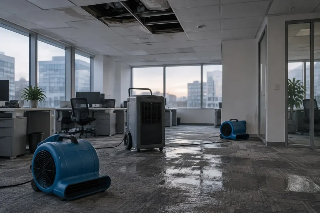 Illustration: an office with gaps in a suspended ceiling grid and drying equipment on the carpet below