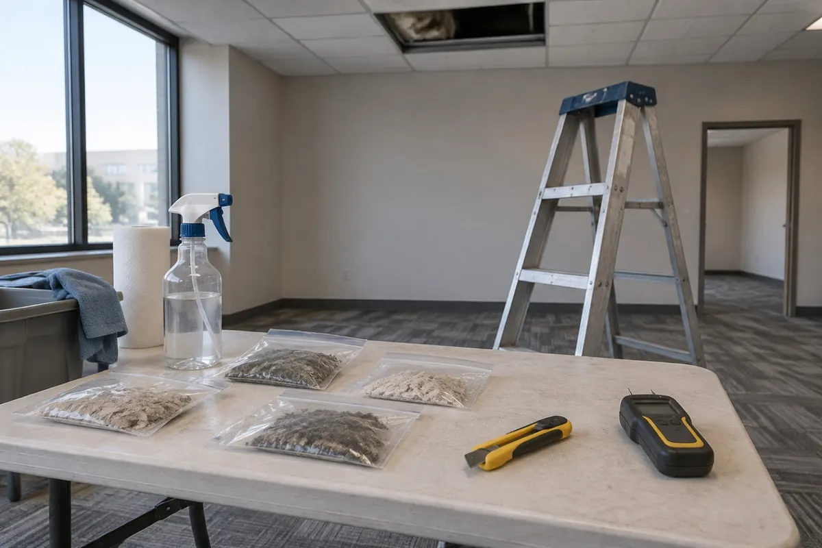 Illustration: sampling kit and a moisture meter laid out on a table beneath a suspended ceiling