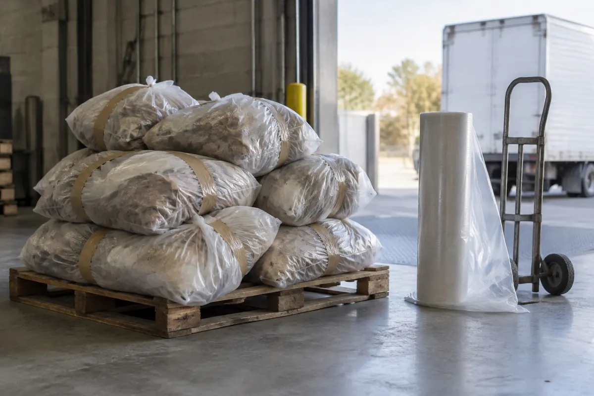 Illustration: sealed plastic waste bags stacked on a pallet at a loading dock