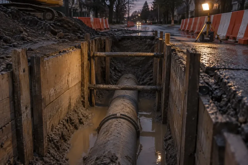 Illustration: an exposed water main in an open trench, not a reference image of asbestos cement pipe