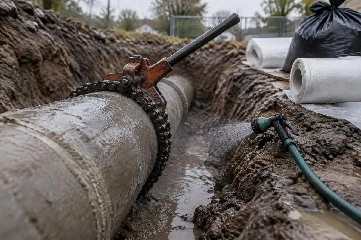 Illustration: a pipe cutter, water spray and plastic sheeting set up for wet cutting, the open trench method EPA describes