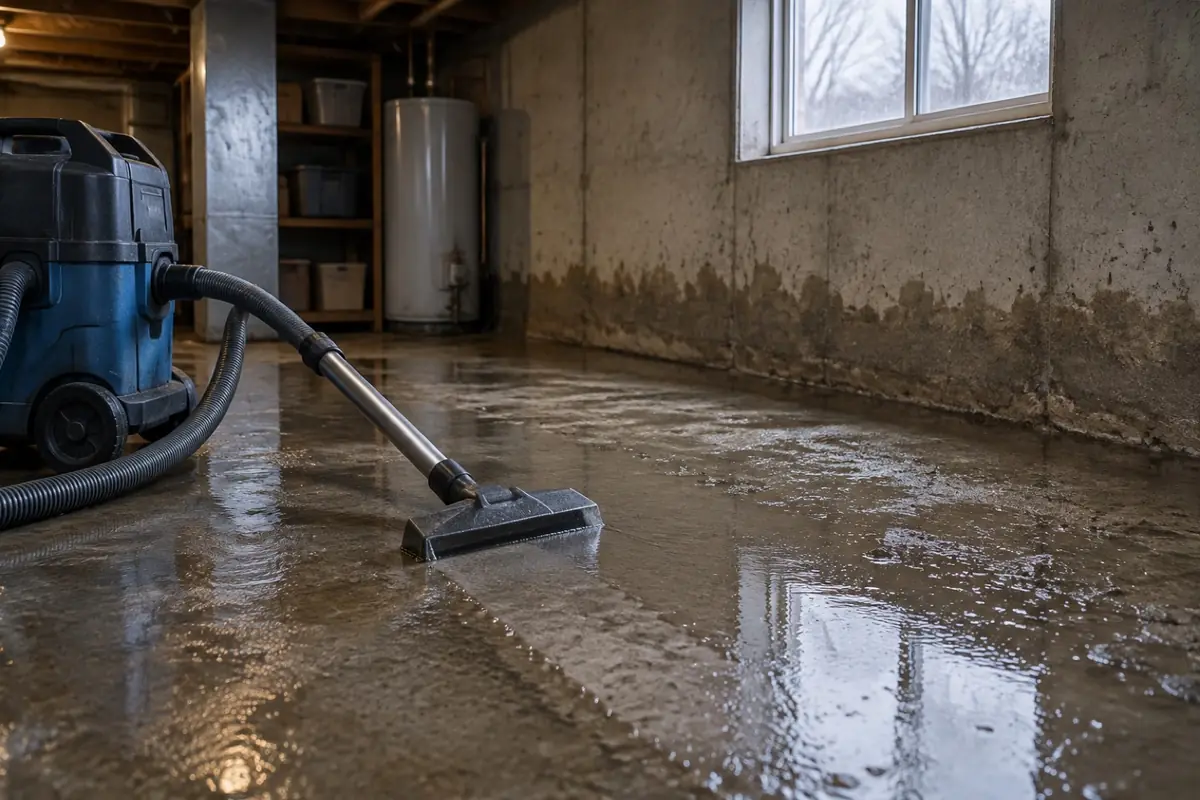 Illustration: water and silt being extracted from a basement after a water service break