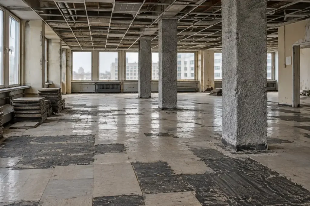 Illustration: a stripped mid-century office floor with tiles, mastic and fireproofed columns, not a reference image of any material