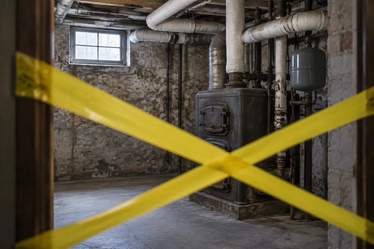 Illustration: a boiler room with jacketed pipe insulation and barrier tape, standing in for thermal system insulation