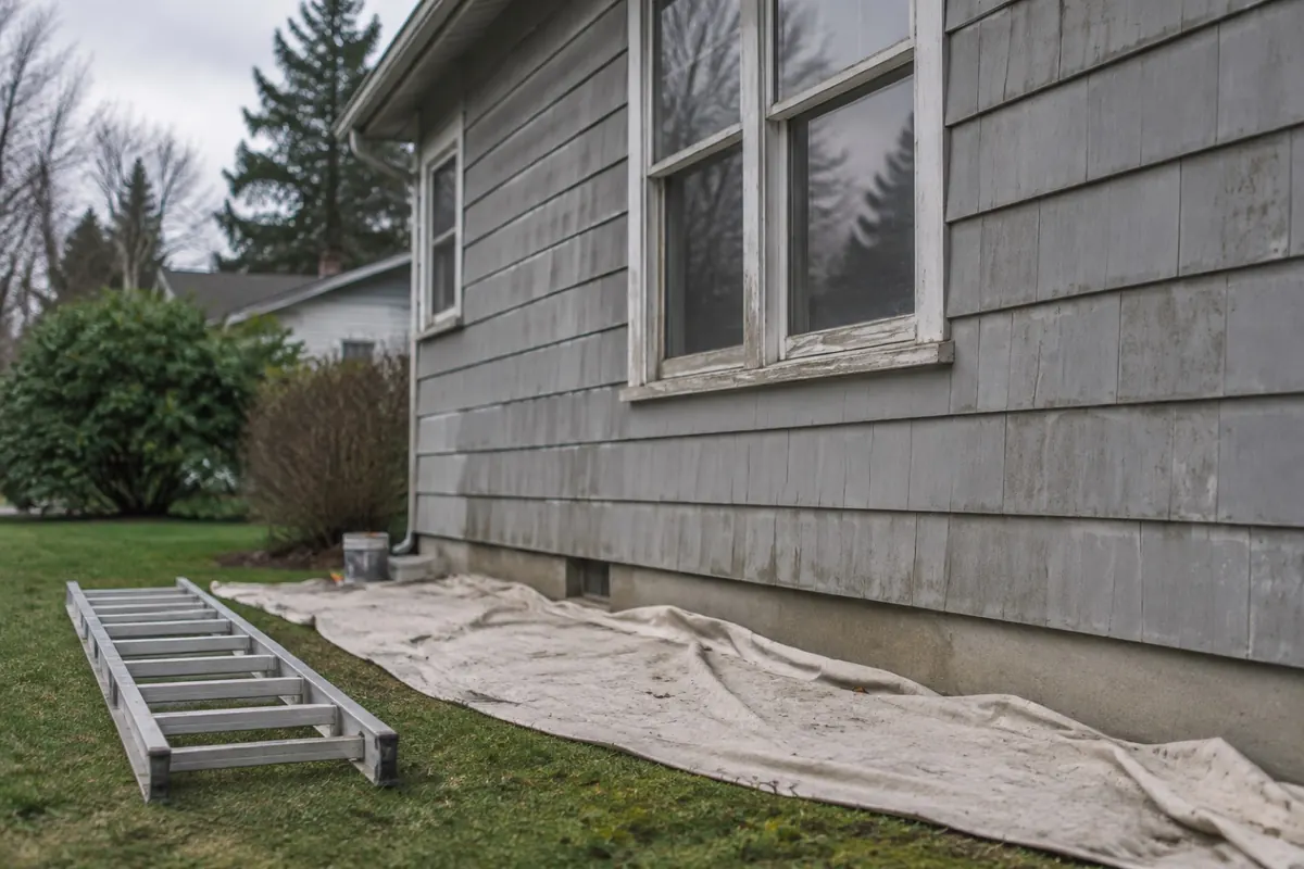 Illustration: a 1960s house wall with cement siding and window putty, not a reference image of any material