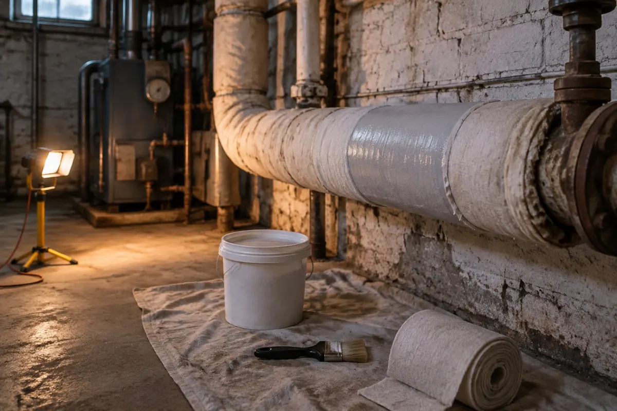 Illustration: an insulated steam pipe with one section rewrapped and coated in sealant