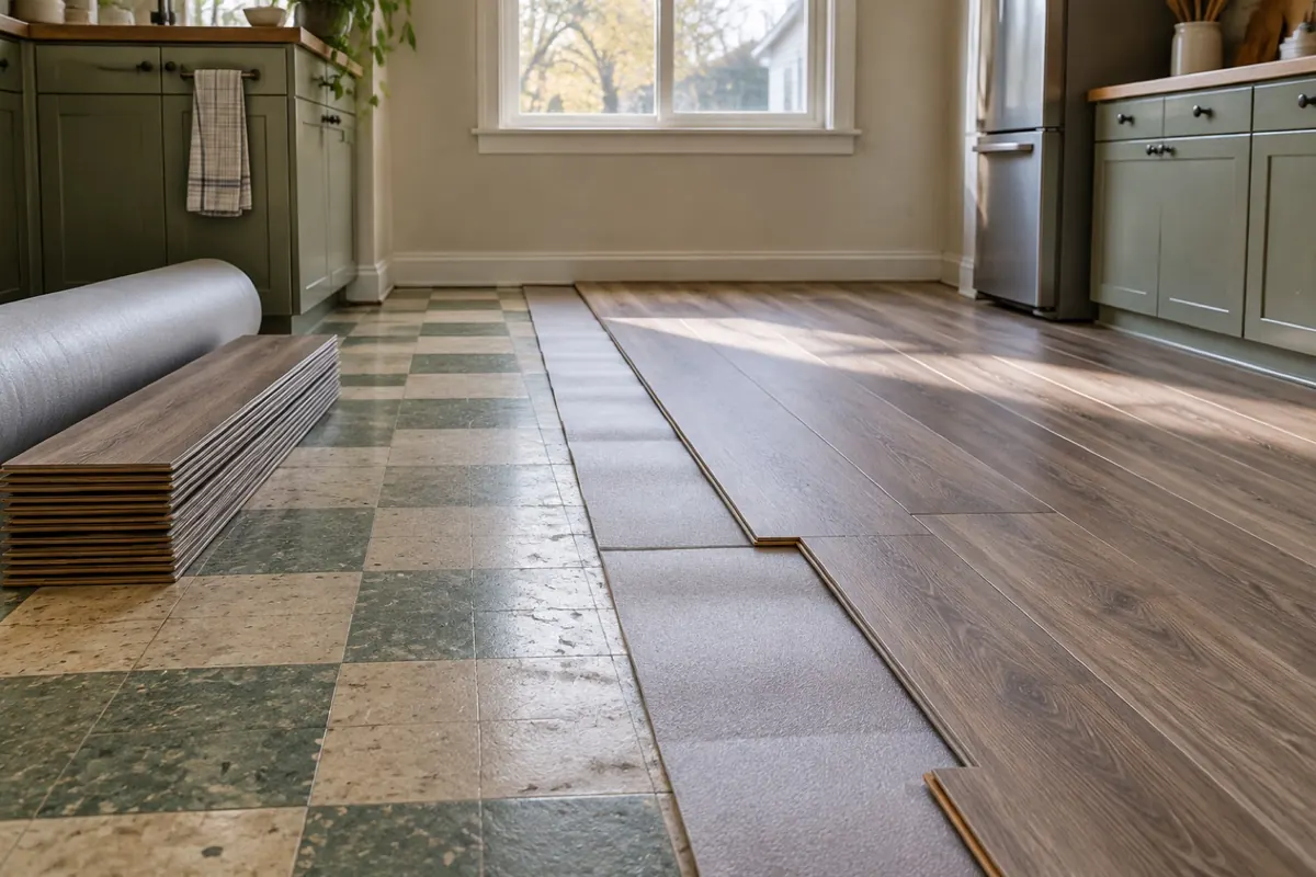 Illustration: old square floor tiles being covered by a new floating floor