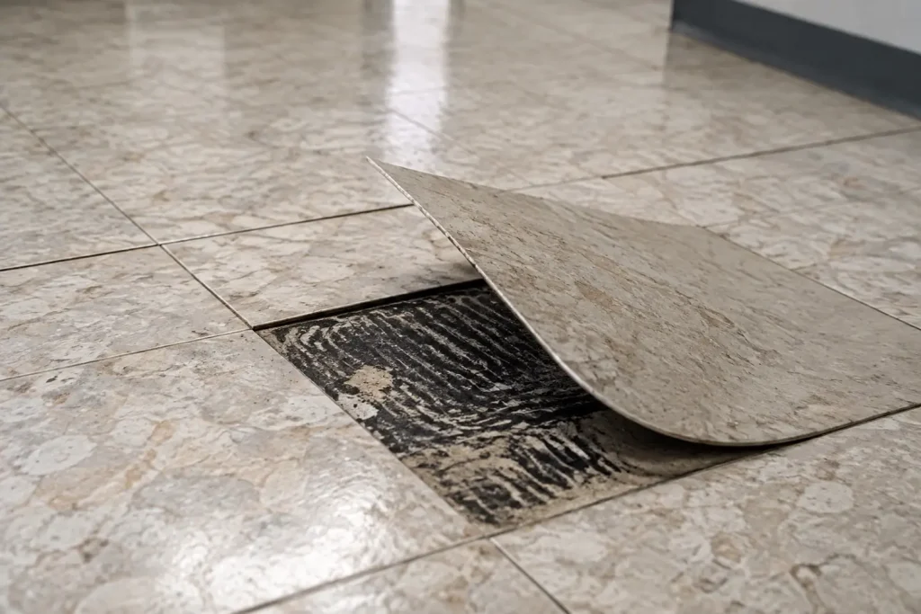 Illustration: a nine inch vinyl floor tile lifted at the corner, exposing dark bituminous adhesive beneath.