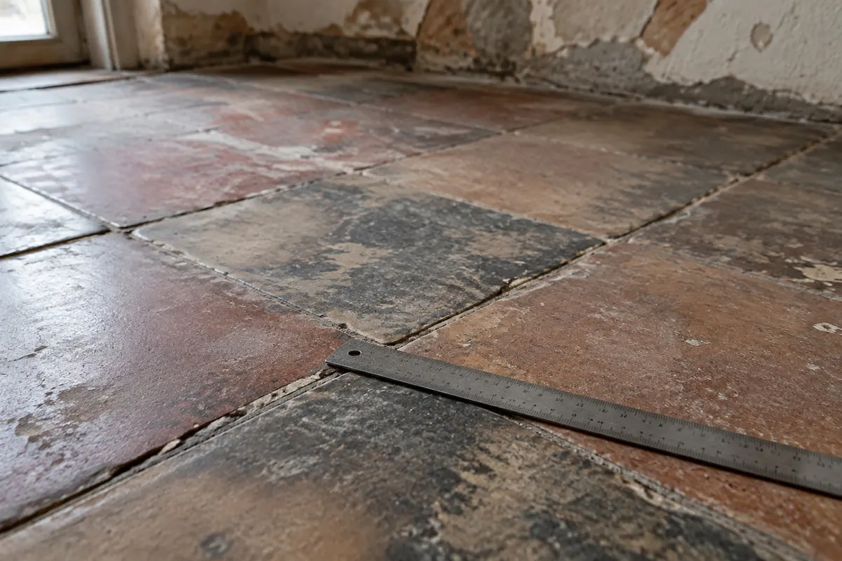 Illustration: an old vinyl tiled floor with a steel rule laid across two tiles for scale.