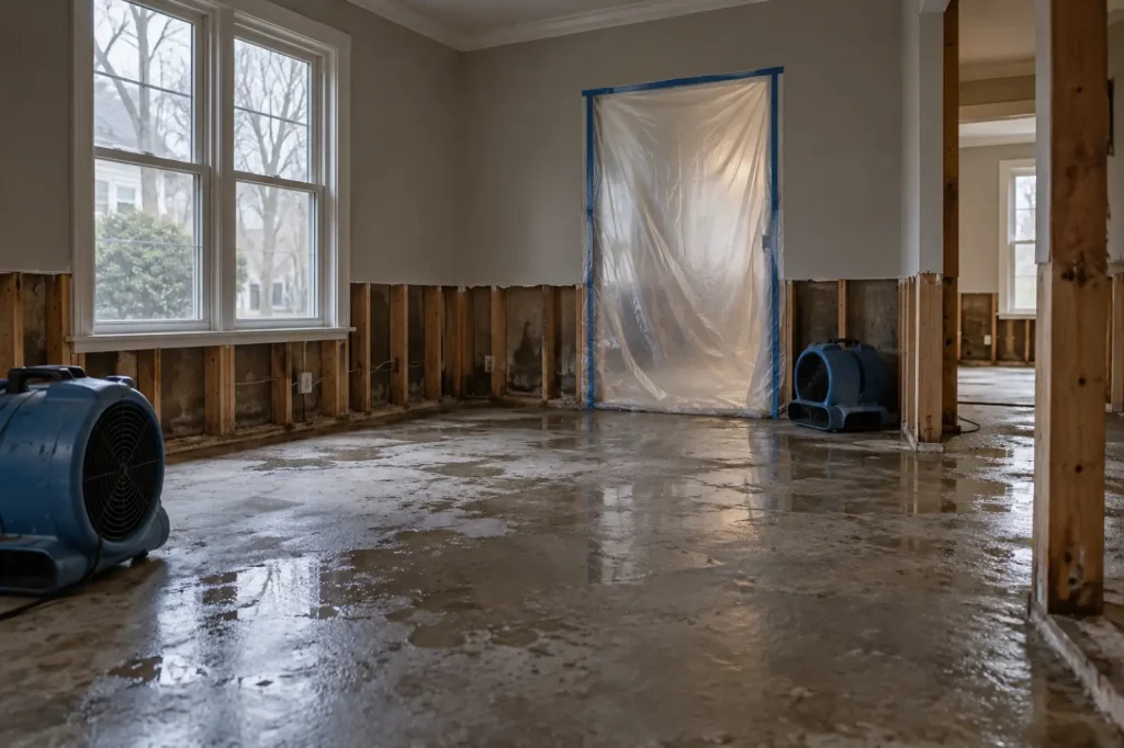 Illustration: a flood cut along the base of a drywall wall in an older house, not a reference image of any asbestos material