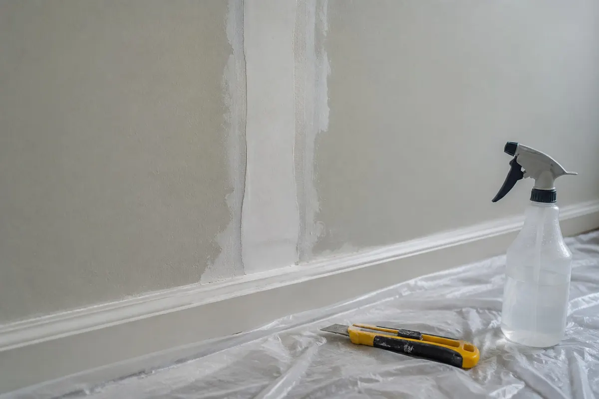 Illustration: a drywall seam with tape and joint compound beside a spray bottle, the layers a lab is asked to report
