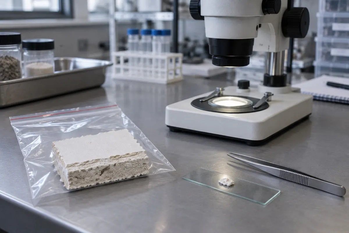 Illustration: a bulk drywall sample on a lab bench, the step that answers whether a wall contains asbestos
