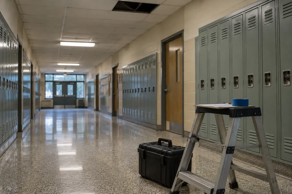 Illustration: an empty mid-century school corridor with a sampling case on a step stool, standing in for an AHERA inspection
