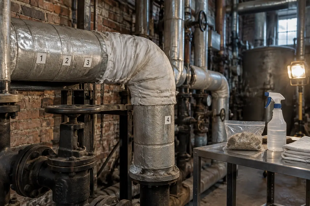Illustration: a boiler room with labelled sample points on pipe insulation, not a reference image of any material