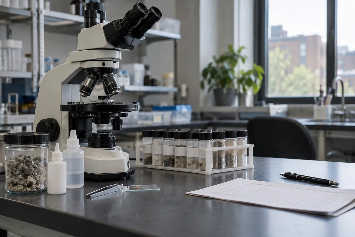 Illustration: a polarized light microscope and sealed sample vials on a laboratory bench