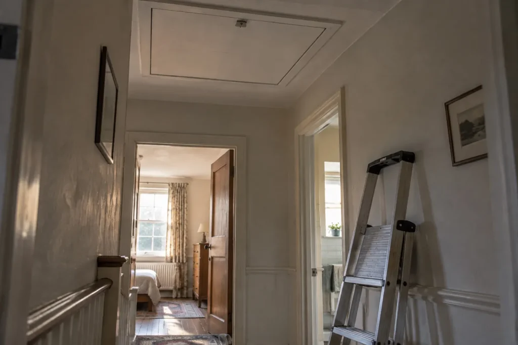 Illustration: a closed attic hatch in a 1950s hallway ceiling with a step ladder below, not a reference image of insulation