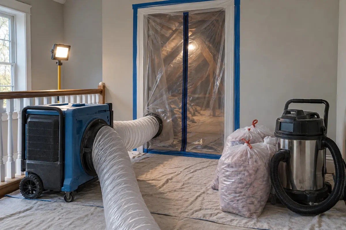 Illustration: an attic doorway sealed with plastic sheeting and a negative air machine outside, staged for abatement