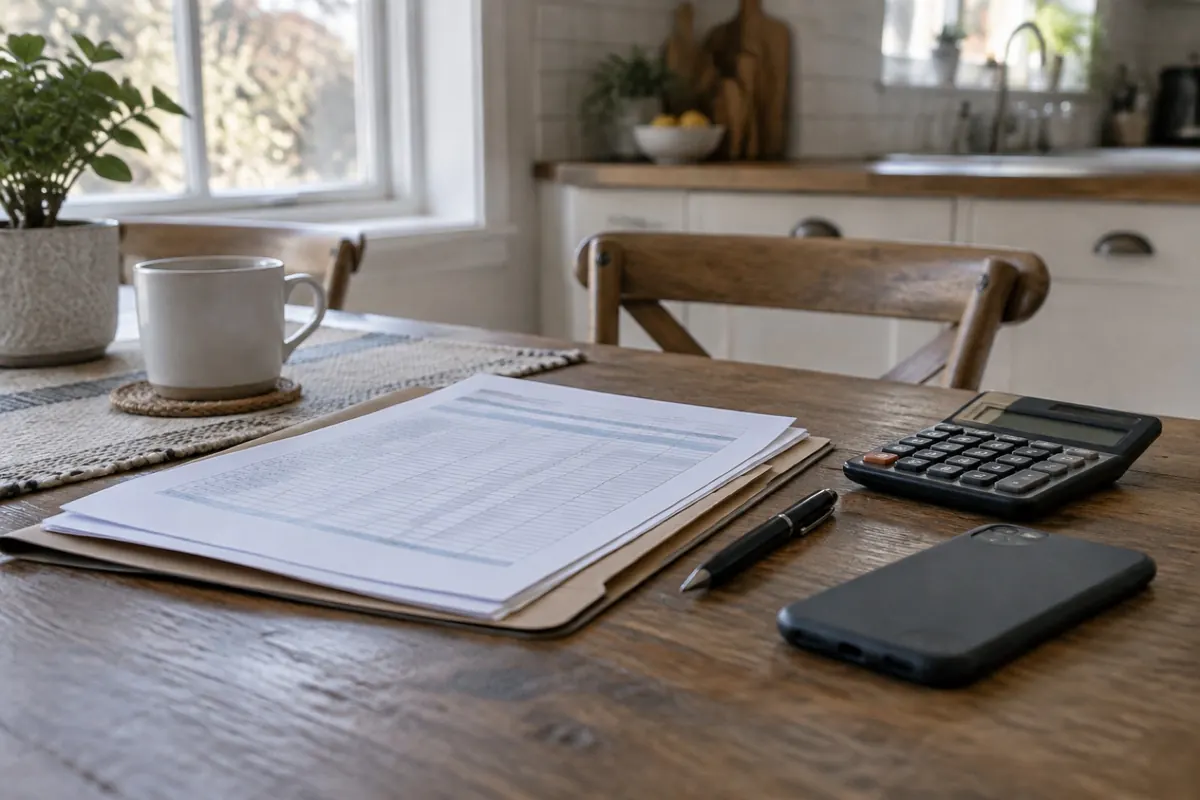 Illustration: a kitchen table with a claim folder, calculator and phone, standing in for assembling trust paperwork