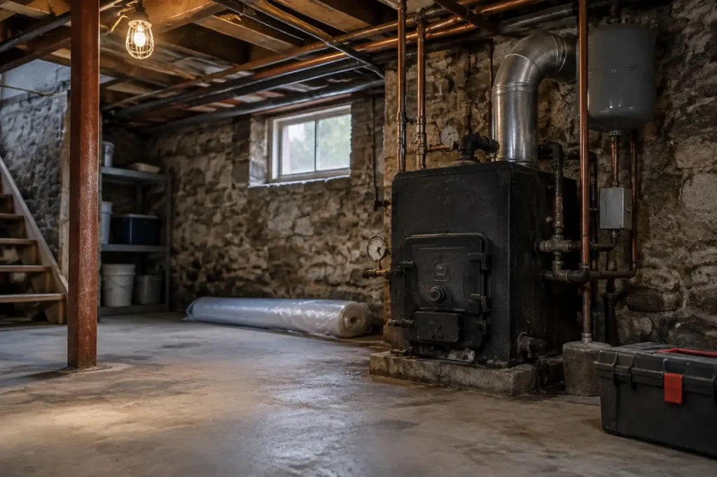 Illustration: an older basement boiler room with overhead pipes, not a reference image of any insulation material