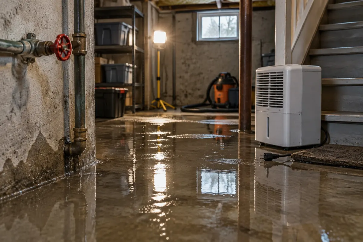 Illustration: a basement floor under standing water after a burst pipe, before any tear-out