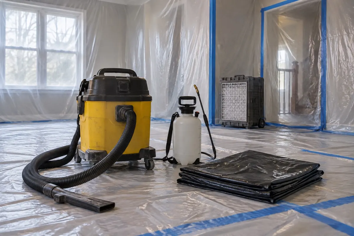 Illustration: a work area sealed with plastic sheeting, with a HEPA vacuum and a sprayer on a drop cloth