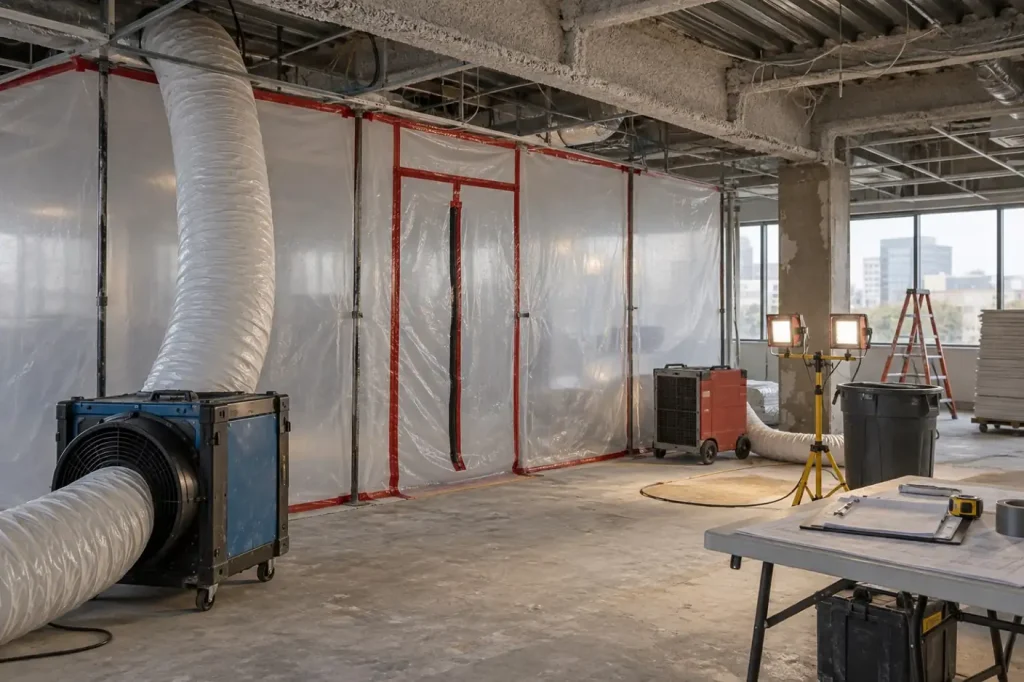 Illustration: a renovation floor with plastic containment and a negative air machine, the kind of work federal asbestos rules govern