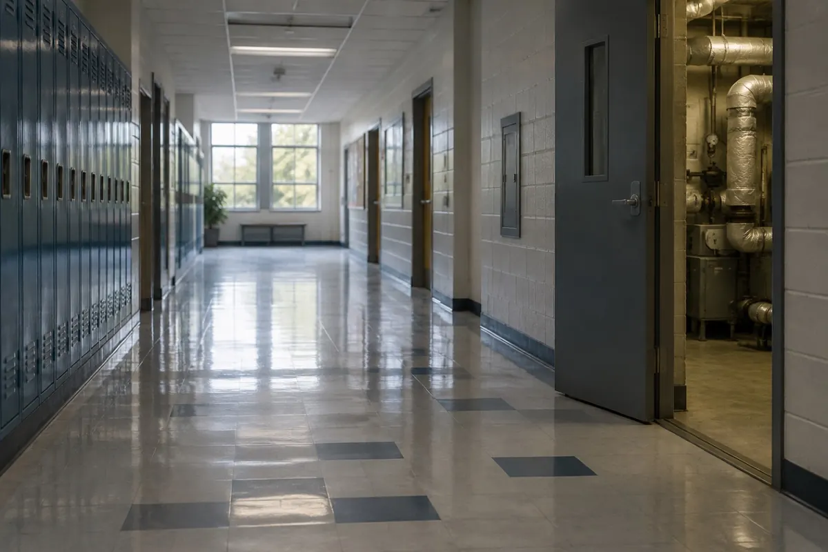 Illustration: a school corridor and boiler room, the buildings AHERA covers
