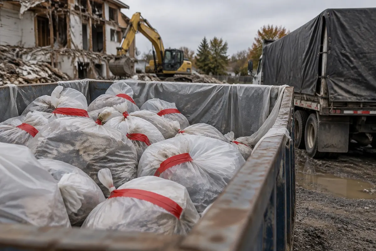 Illustration: wrapped waste staged for transport, where NESHAP and DOT rules meet