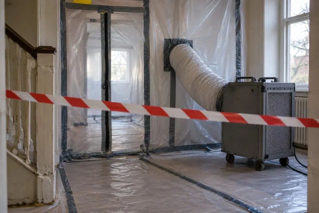 Illustration: a sealed abatement work area with polythene sheeting, a zip entry and a ducted negative air machine.