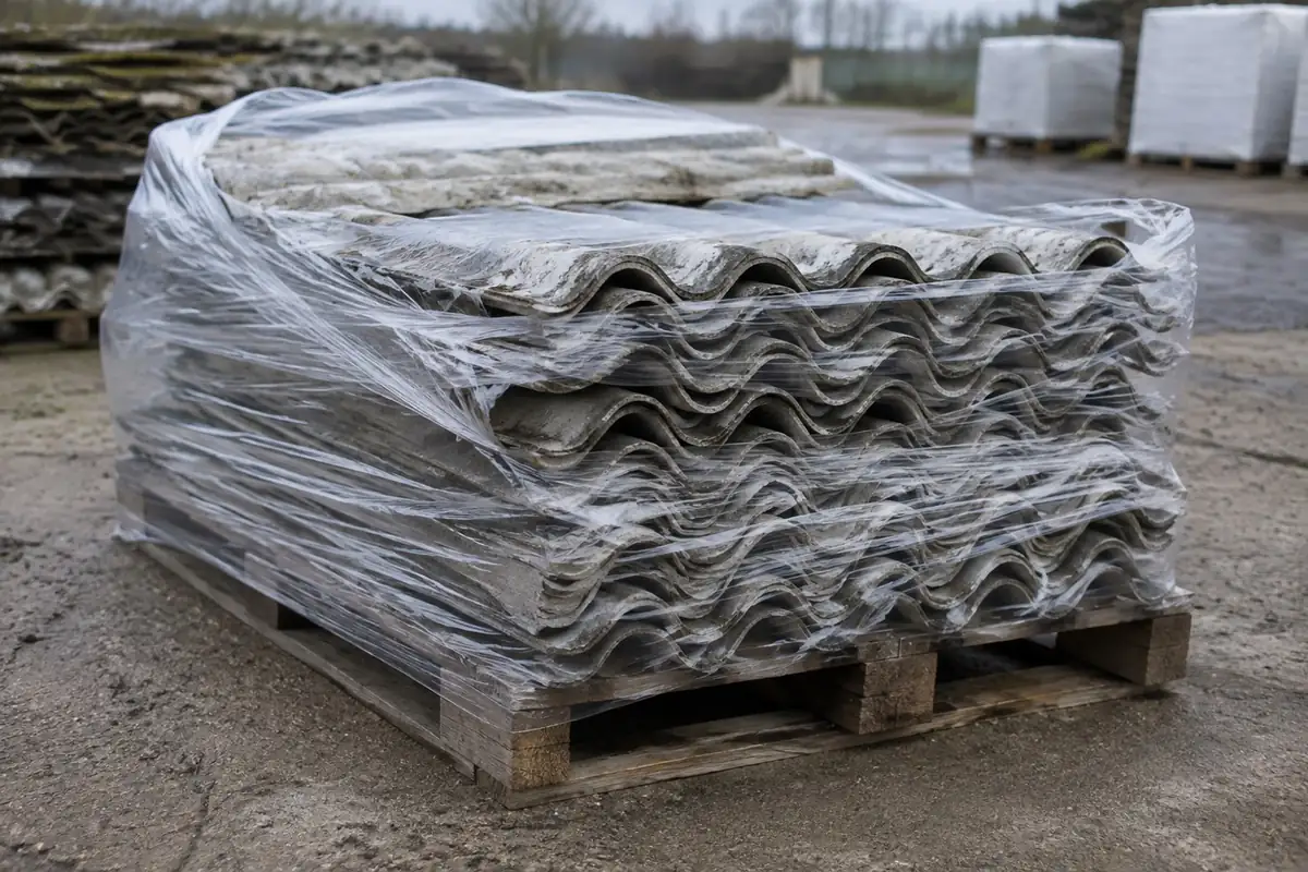 Illustration: old corrugated cement sheeting stacked on a pallet and wrapped in polythene.