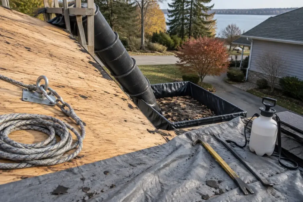 Illustration: a roof deck with a debris chute, pry bars and a pump sprayer on a tarp.