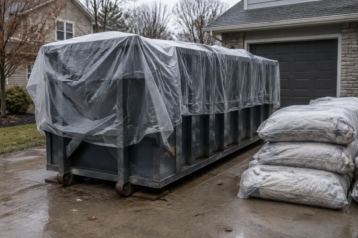 Illustration: a plastic-lined dumpster and wrapped bundles on a driveway.