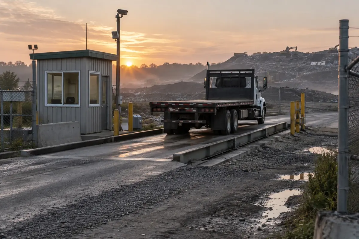 Illustration: an empty flatbed truck on a landfill weighbridge.