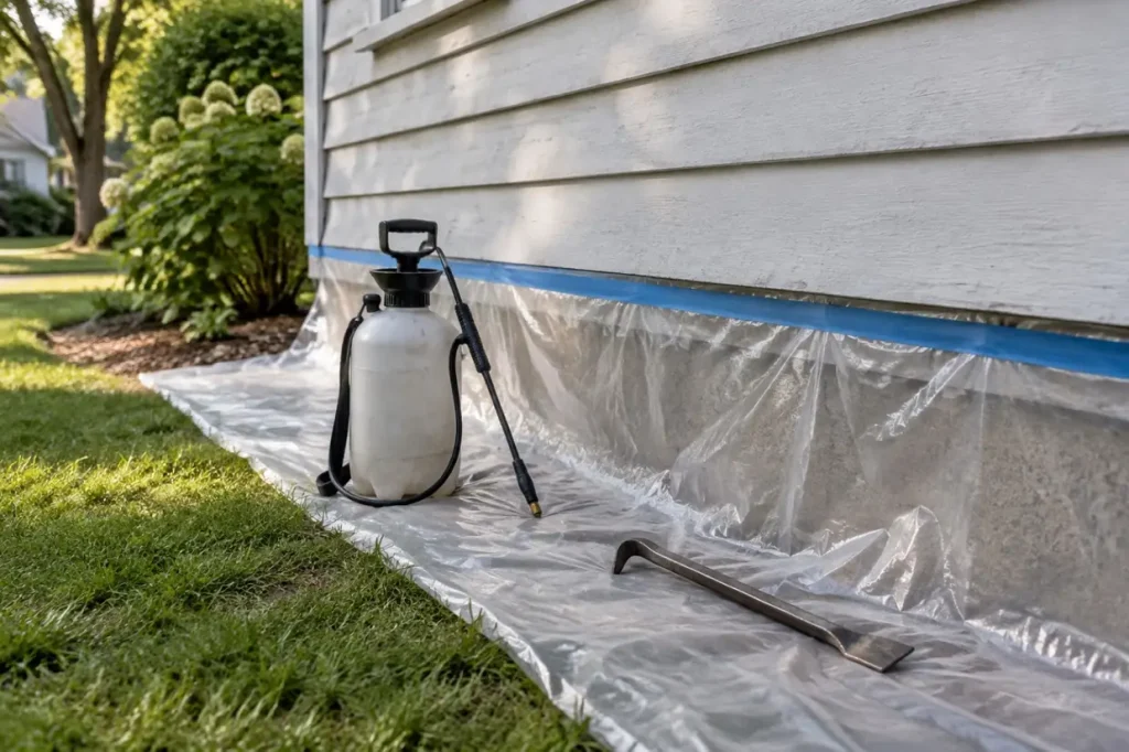 Illustration: plastic sheeting, a pump sprayer and a pry bar laid out at the base of a house wall.