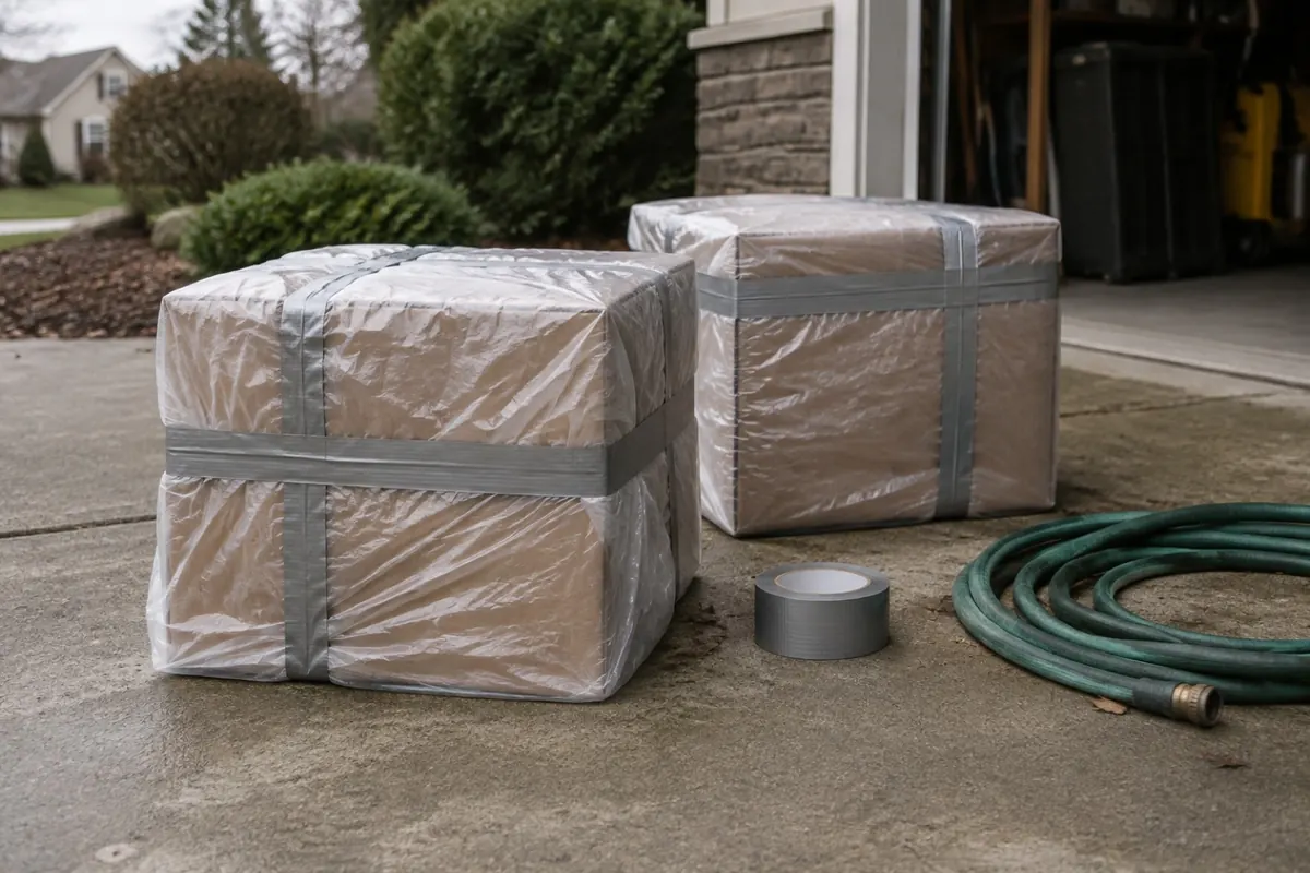 Illustration: waste boxes wrapped in heavy plastic sheeting on a driveway.