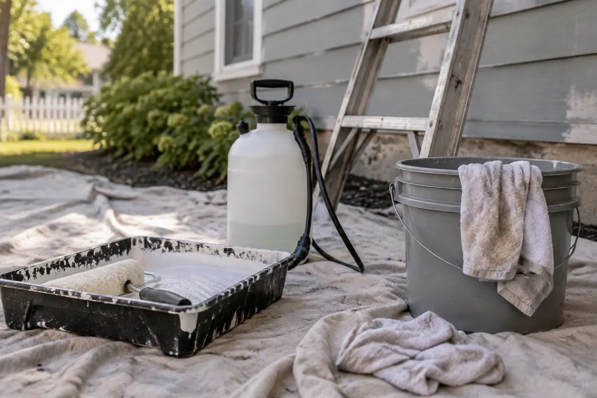 Illustration: low-pressure painting equipment and damp rags on a drop cloth below a ladder.