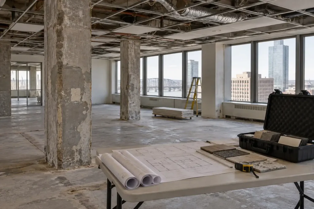 Illustration: an office floor opened up for renovation with plans and a sample case, standing in for an asbestos survey