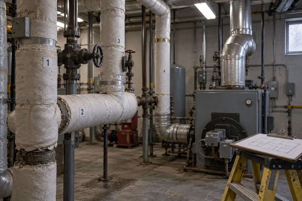 Illustration: a boiler room with numbered sample points on pipe insulation, standing in for survey sampling