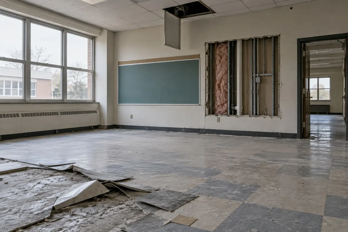 Illustration: an empty classroom opened up for a pre-demolition survey