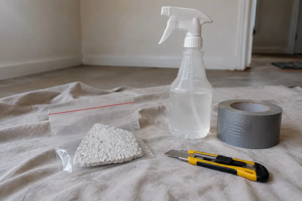 Illustration: a sealed bag holding a ceiling material sample beside sampling tools.
