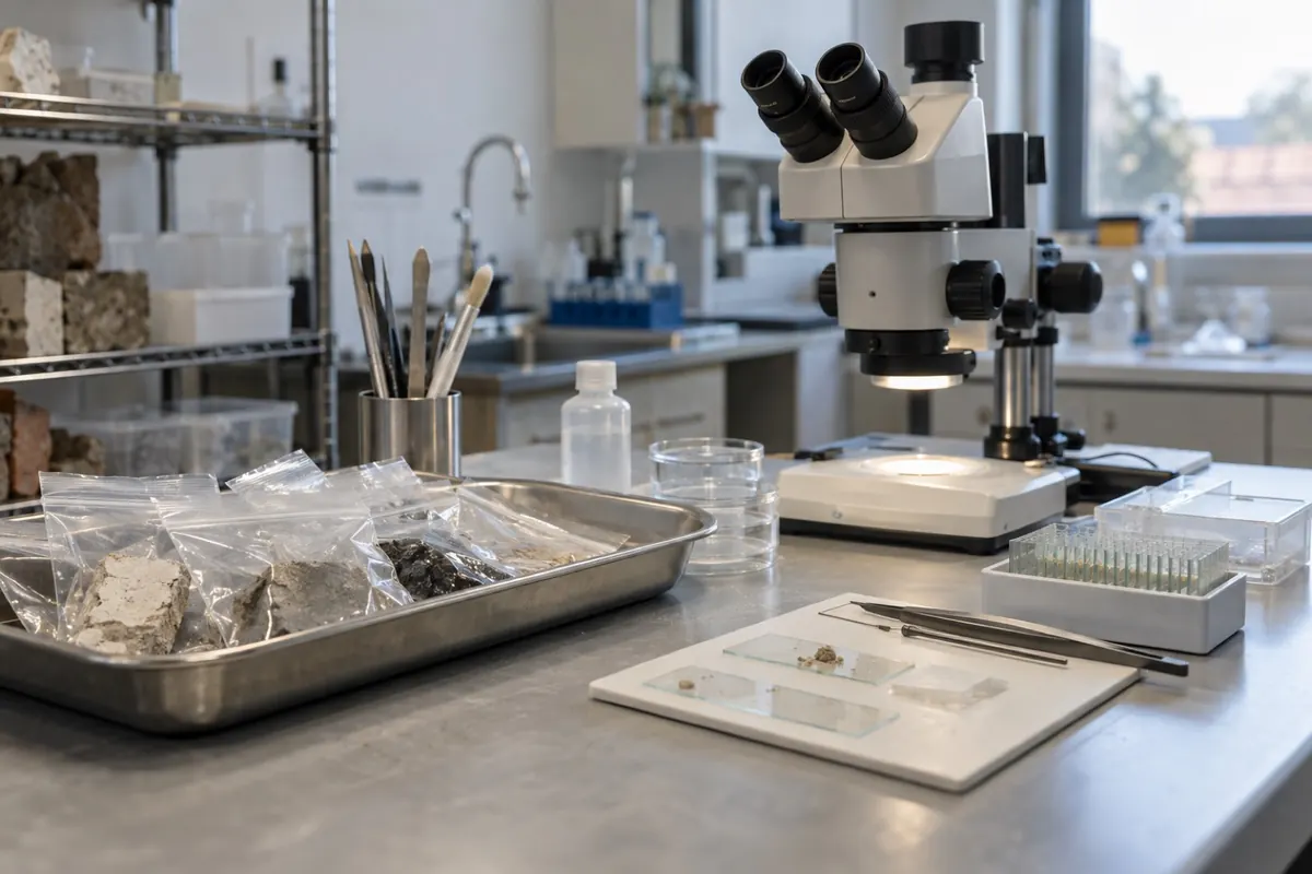 Illustration: a microscope and sealed sample bags on a laboratory bench.