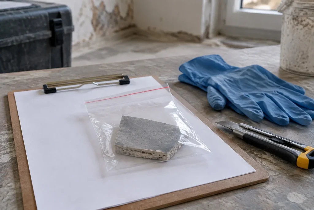 Illustration: a sealed sample bag containing floor tile fragment beside gloves and a knife.
