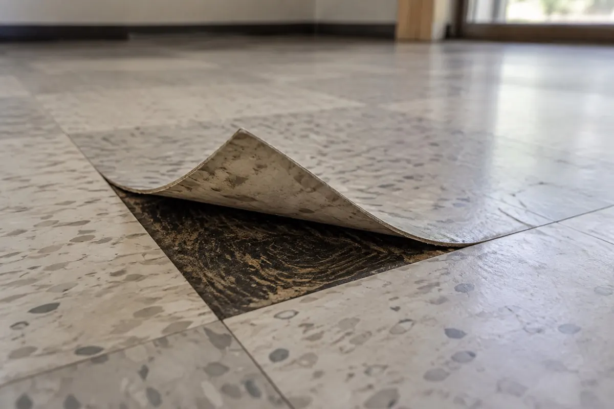 Illustration: a nine inch vinyl floor tile lifted at the corner exposing dark adhesive beneath.