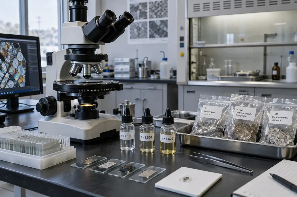 Illustration: a laboratory bench with a polarized light microscope and sealed sample bags, standing in for an asbestos testing lab